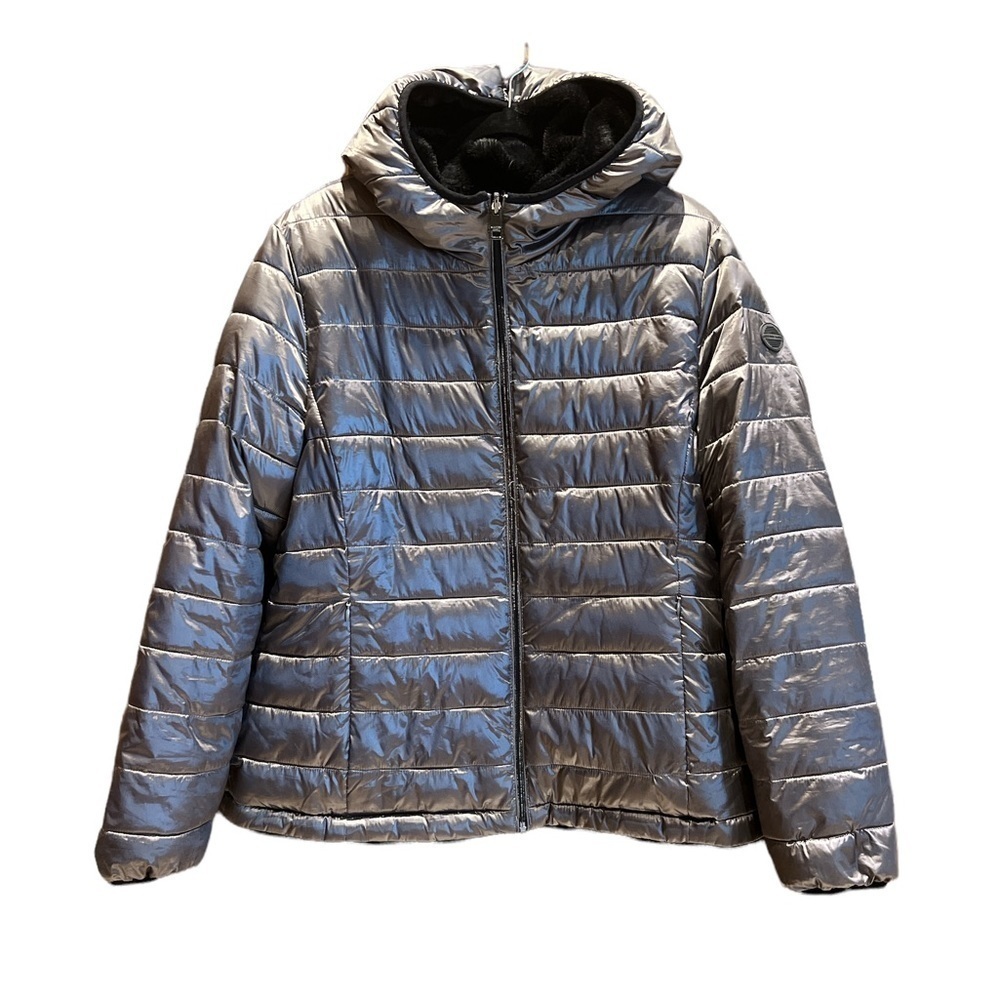 Metallic Silver Puffer Jacket with Hood